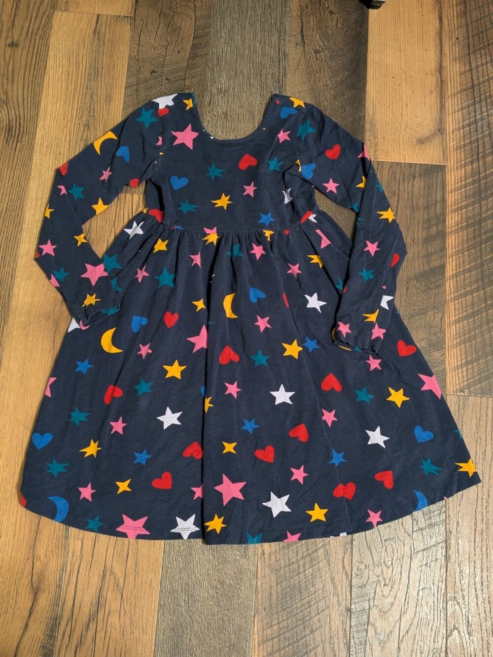 Hanna Andersson Girls Dress Size 12 Navy Blue Stars Hearts Moons Long Sleeve